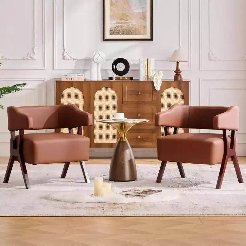 Upholstered Mid Century Accent Chair with Faux Leather Wrapped Seat & Solid Wood Frame