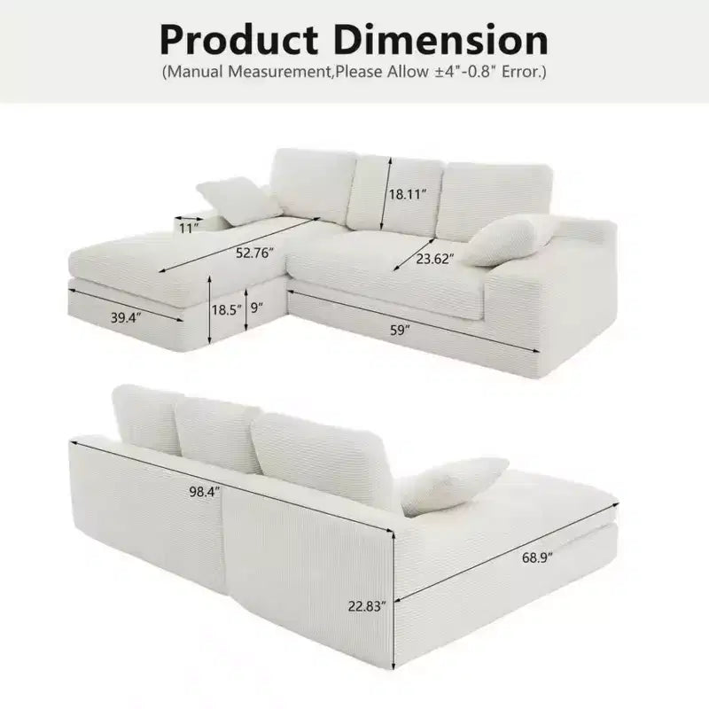 Canapé compact en velours côtelé - Doux pour la peau avec 3 coussins de dossier et 2 coussins décoratifs