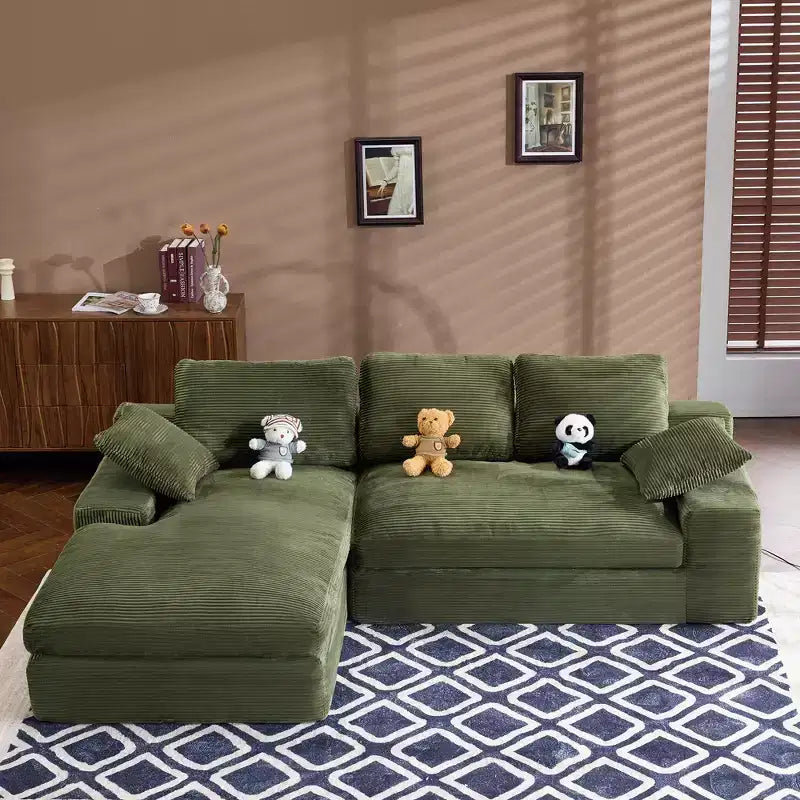 Corduroy Compressed Sofa - Soft Skin-Friendly with 3 Back Cushions & 2 Throw Pillows