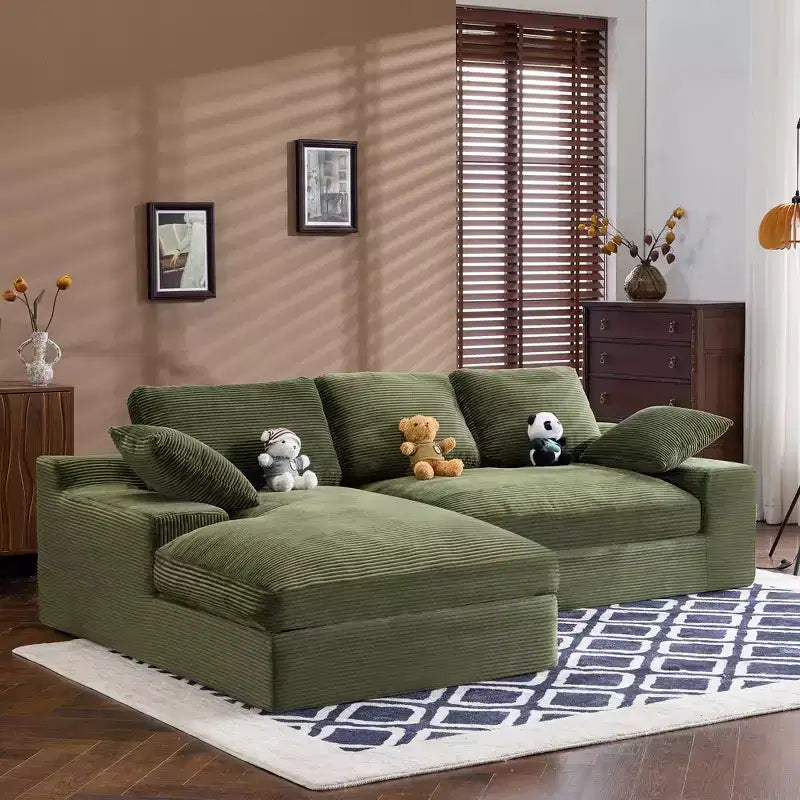 Corduroy Compressed Sofa - Soft Skin-Friendly with 3 Back Cushions & 2 Throw Pillows