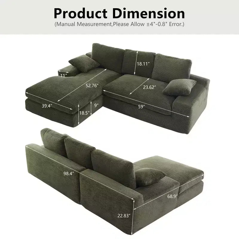 Corduroy Compressed Sofa - Soft Skin-Friendly with 3 Back Cushions & 2 Throw Pillows