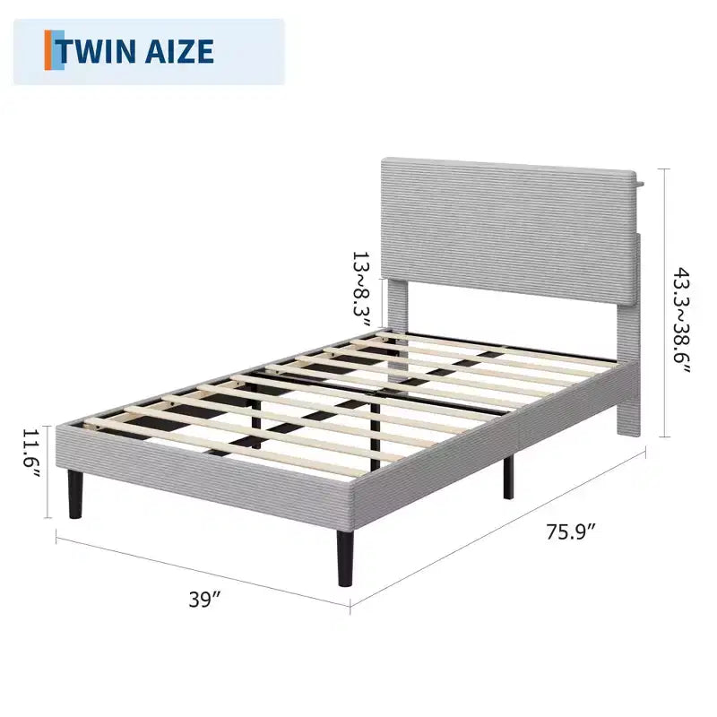 Cadre de lit Queen Size, Cadre de lit plateforme rembourré réglable en velours avec station de recharge, Tête de lit de rangement réglable, Aucun sommier tapissier requis