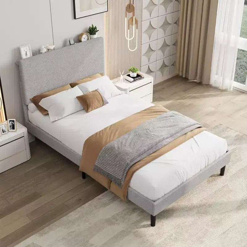 Cadre de lit Queen Size, Cadre de lit plateforme rembourré réglable en velours avec station de recharge, Tête de lit de rangement réglable, Aucun sommier tapissier requis