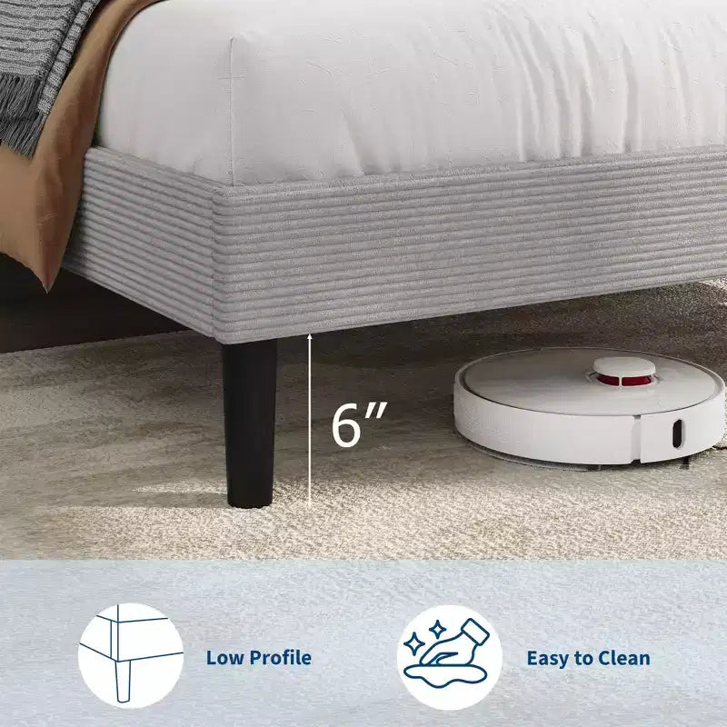 Cadre de lit Queen Size, Cadre de lit plateforme rembourré réglable en velours avec station de recharge, Tête de lit de rangement réglable, Aucun sommier tapissier requis