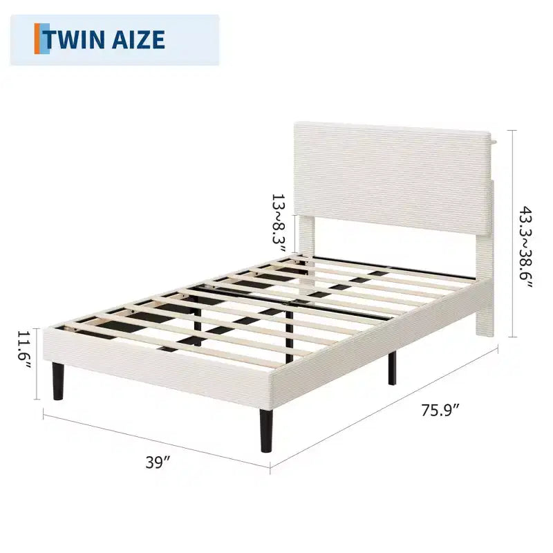Cadre de lit Queen Size, Cadre de lit plateforme rembourré réglable en velours avec station de recharge, Tête de lit de rangement réglable, Aucun sommier tapissier requis