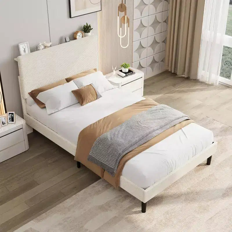 Cadre de lit Queen Size, Cadre de lit plateforme rembourré réglable en velours avec station de recharge, Tête de lit de rangement réglable, Aucun sommier tapissier requis