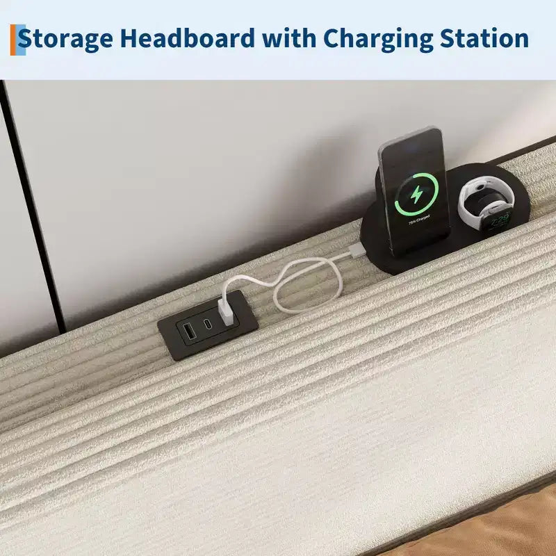 Cadre de lit Queen Size, Cadre de lit plateforme rembourré réglable en velours avec station de recharge, Tête de lit de rangement réglable, Aucun sommier tapissier requis