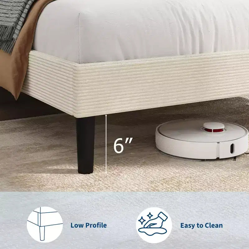 Cadre de lit Queen Size, Cadre de lit plateforme rembourré réglable en velours avec station de recharge, Tête de lit de rangement réglable, Aucun sommier tapissier requis