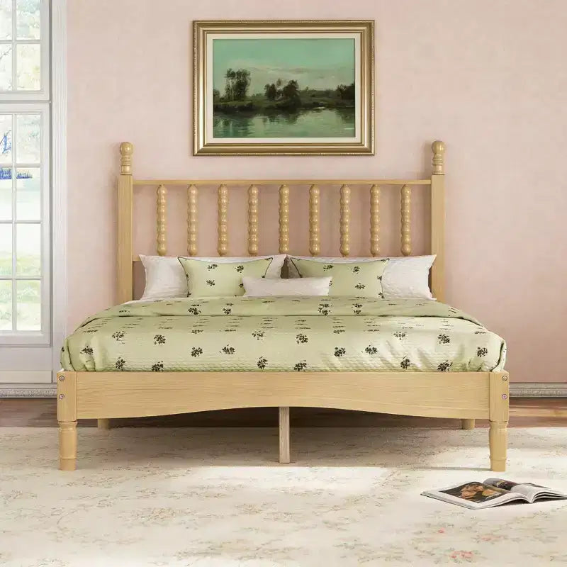 Retro Wooden Platform Bed with Gourd Shaped Headboard