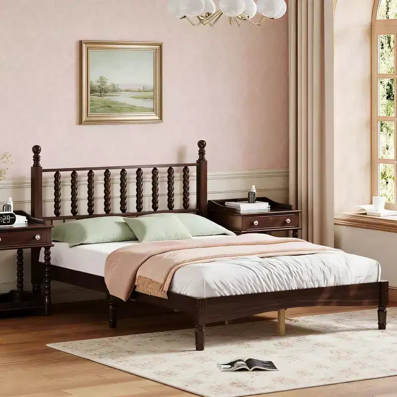 Retro Wooden Platform Bed with Gourd Shaped Headboard