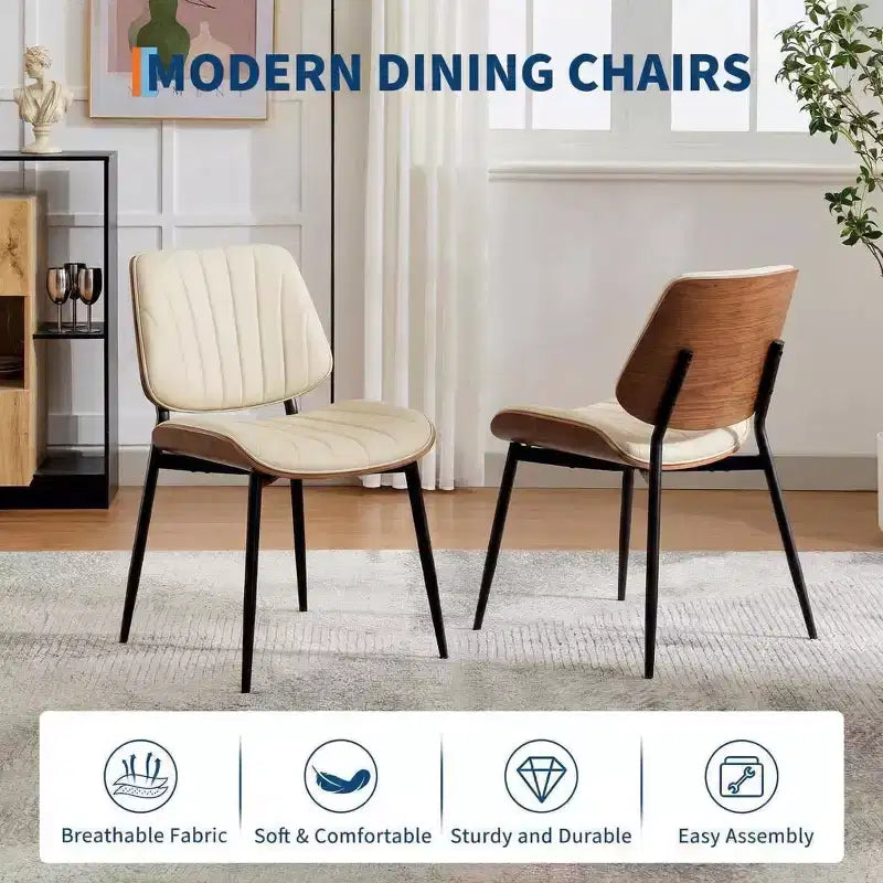 Set of 2 Mid-Century Modern Dining Chairs, PU Leather Seat Walnut Bentwood Back Metal Legs, Vintage Kitchen Dining Room Beige