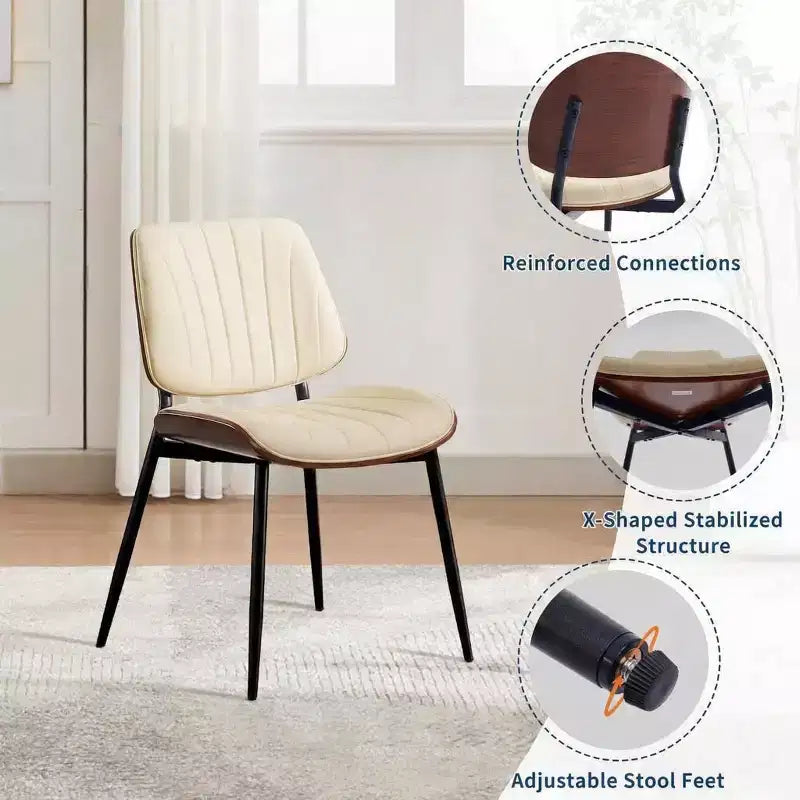 Set of 2 Mid-Century Modern Dining Chairs, PU Leather Seat Walnut Bentwood Back Metal Legs, Vintage Kitchen Dining Room Beige