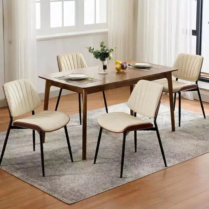 Lot de 2 Chaises de Salle à Manger Mid-Century Modernes, Assise en Cuir PU Dossier en Bois Courbé Noyer Pieds en Métal, Cuisine Salle à Manger Vintage Beige