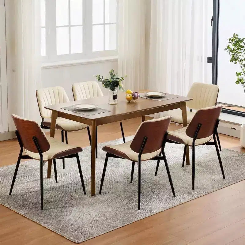 Lot de 2 Chaises de Salle à Manger Mid-Century Modernes, Assise en Cuir PU Dossier en Bois Courbé Noyer Pieds en Métal, Cuisine Salle à Manger Vintage Beige