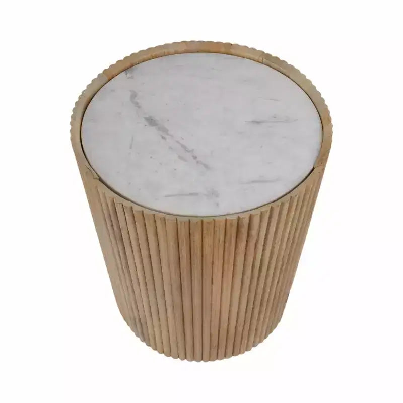Table d'appoint décorative en bois nervuré avec plateau en marbre et rangement - Petite table d'appoint pour la décoration de la chambre ou du salon