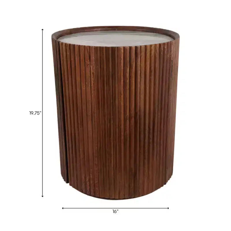 Table d'appoint décorative en bois nervuré avec plateau en marbre et rangement - Petite table d'appoint pour la décoration de la chambre ou du salon