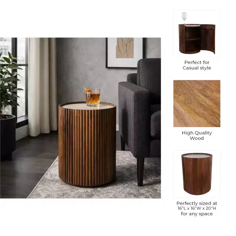 Table d'appoint décorative en bois nervuré avec plateau en marbre et rangement - Petite table d'appoint pour la décoration de la chambre ou du salon