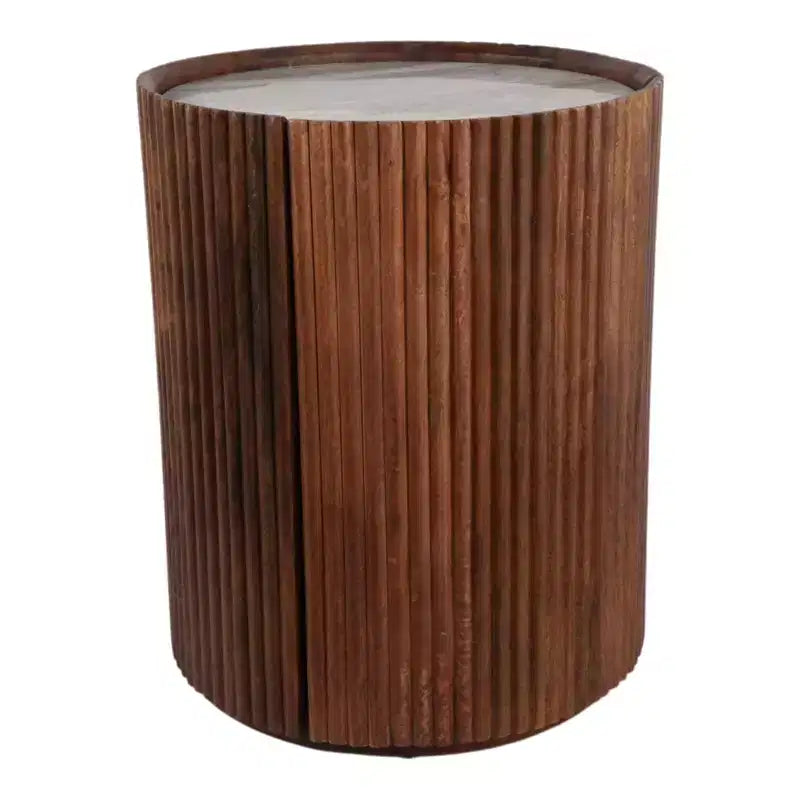 Table d'appoint décorative en bois nervuré avec plateau en marbre et rangement - Petite table d'appoint pour la décoration de la chambre ou du salon
