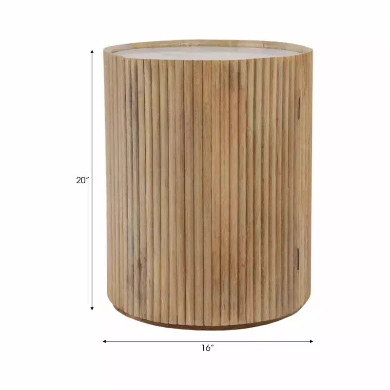 Decorative Ribbed Wooden Side Table with Marble Top and Storage - Small Home Decor Table Stand for Bedroom or Living Room Decor