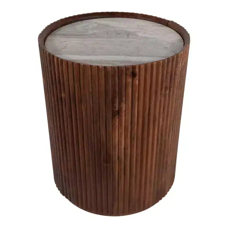 Table d'appoint décorative en bois nervuré avec plateau en marbre et rangement - Petite table d'appoint pour la décoration de la chambre ou du salon