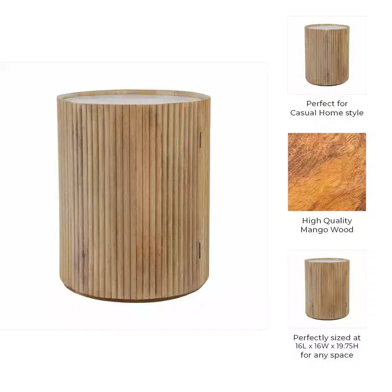 Table d'appoint décorative en bois nervuré avec plateau en marbre et rangement - Petite table d'appoint pour la décoration de la chambre ou du salon