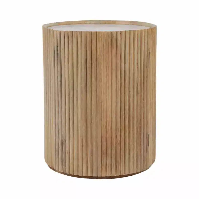 Decorative Ribbed Wooden Side Table with Marble Top and Storage - Small Home Decor Table Stand for Bedroom or Living Room Decor
