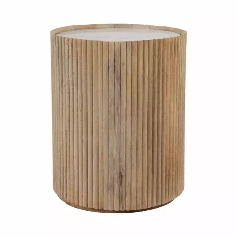 Table d'appoint décorative en bois nervuré avec plateau en marbre et rangement - Petite table d'appoint pour la décoration de la chambre ou du salon