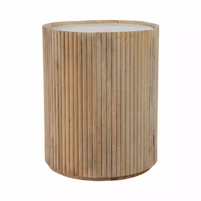 Table d'appoint décorative en bois nervuré avec plateau en marbre et rangement - Petite table d'appoint pour la décoration de la chambre ou du salon