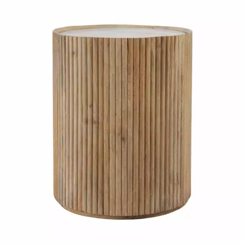 Table d'appoint décorative en bois nervuré avec plateau en marbre et rangement - Petite table d'appoint pour la décoration de la chambre ou du salon