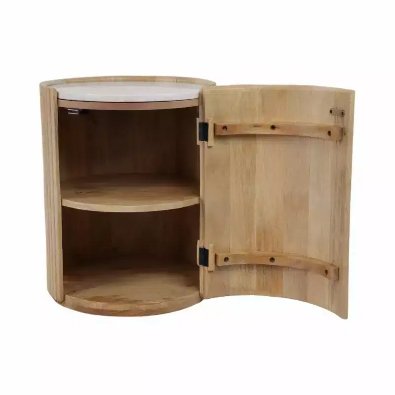 Table d'appoint décorative en bois nervuré avec plateau en marbre et rangement - Petite table d'appoint pour la décoration de la chambre ou du salon