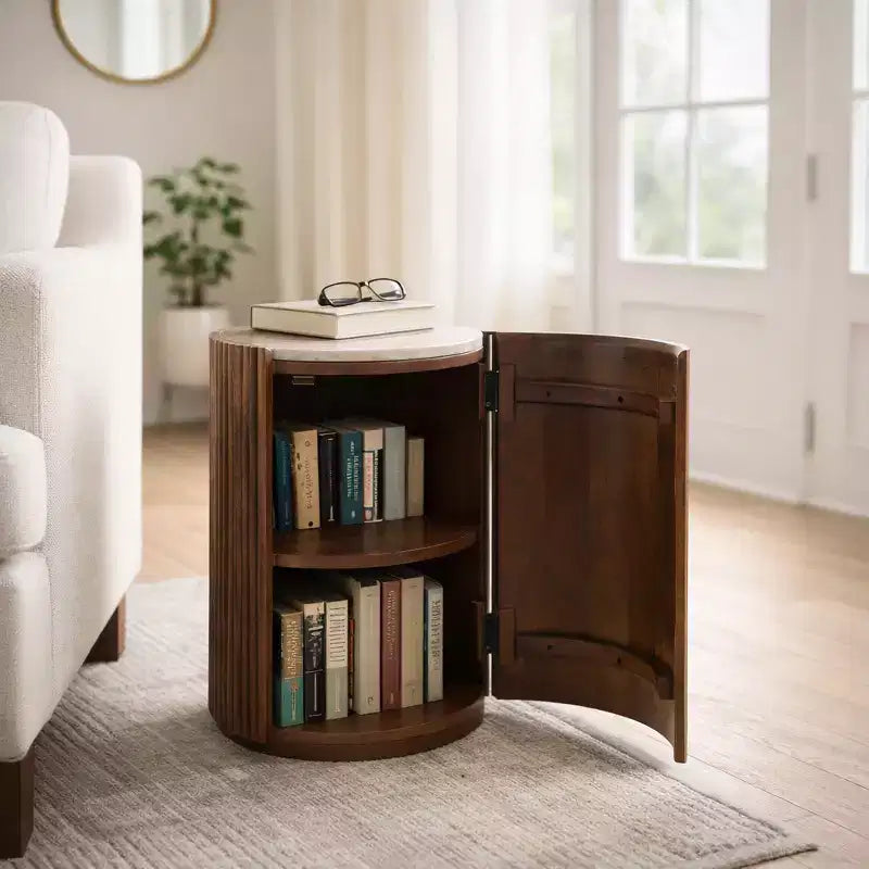 Decorative Ribbed Wooden Side Table with Marble Top and Storage - Small Home Decor Table Stand for Bedroom or Living Room Decor