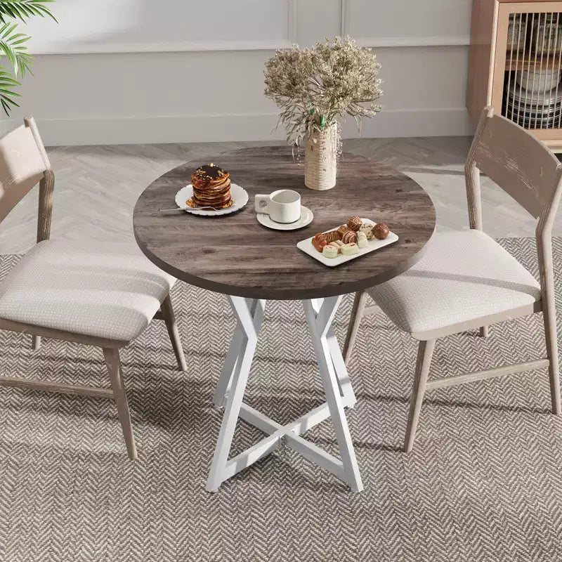 31.5 Inch Round Dining Table for 2-4 Thick Wooden Tabletop Metal Pedestal Base