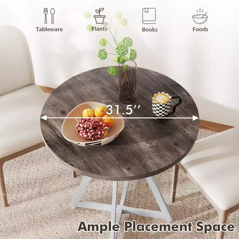 31.5 Inch Round Dining Table for 2-4 Thick Wooden Tabletop Metal Pedestal Base