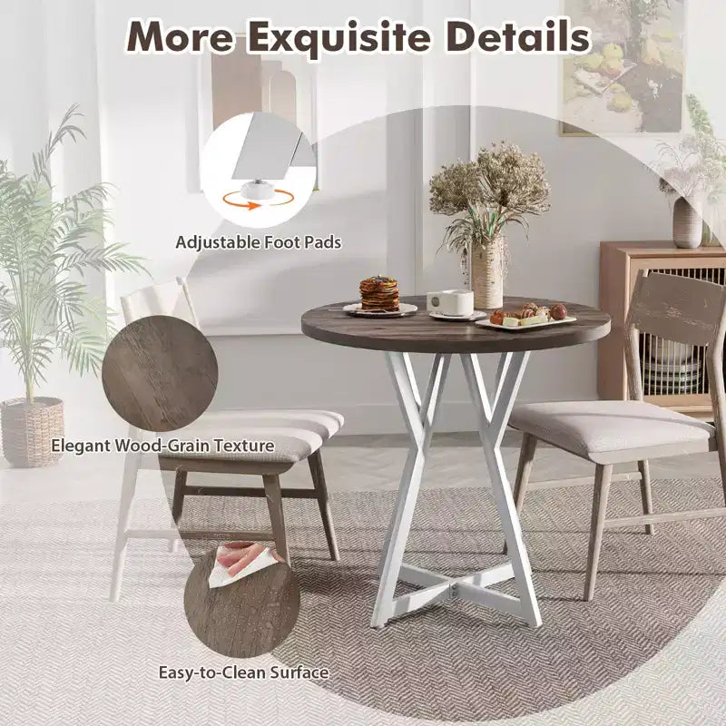 31.5 Inch Round Dining Table for 2-4 Thick Wooden Tabletop Metal Pedestal Base