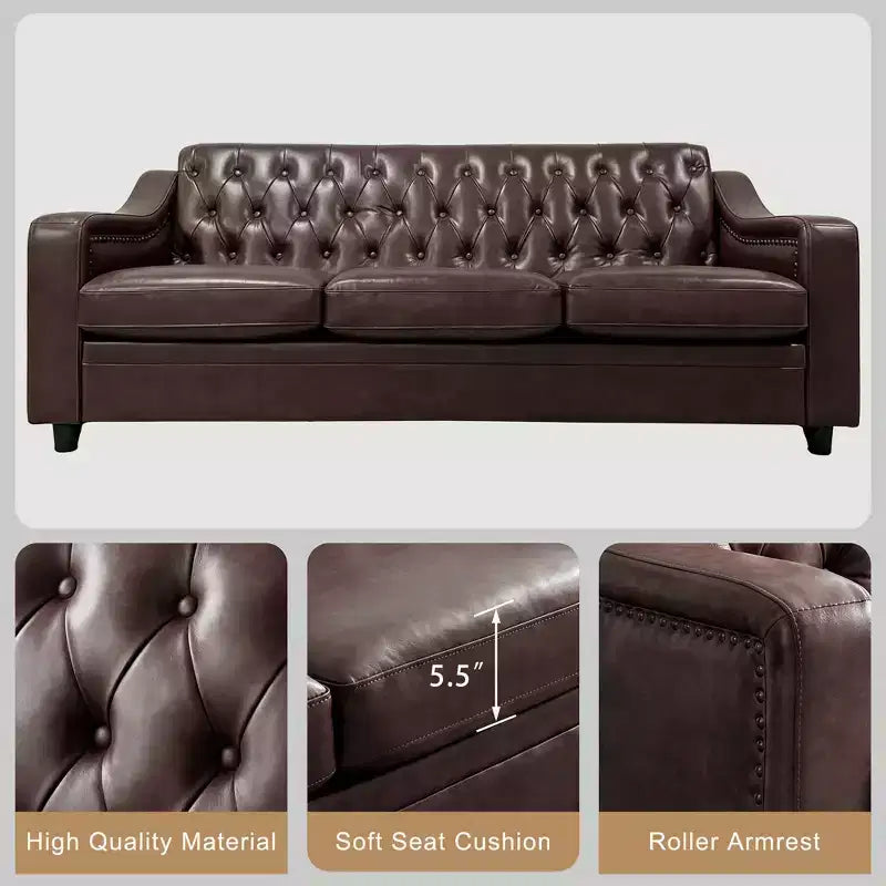 Canapé 3 places Chesterfield en similicuir de 200 cm, Grand canapé du milieu du siècle, Causeuse classique capitonnée, Canapé moderne en PU avec dossier à canaux capitonnés