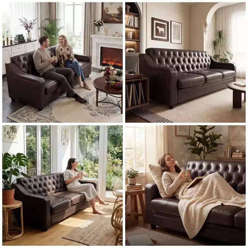 Canapé 3 places Chesterfield en similicuir de 200 cm, Grand canapé du milieu du siècle, Causeuse classique capitonnée, Canapé moderne en PU avec dossier à canaux capitonnés