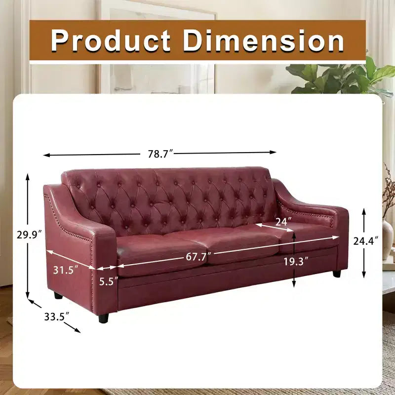 Canapé 3 places Chesterfield en similicuir de 200 cm, Grand canapé du milieu du siècle, Causeuse classique capitonnée, Canapé moderne en PU avec dossier à canaux capitonnés