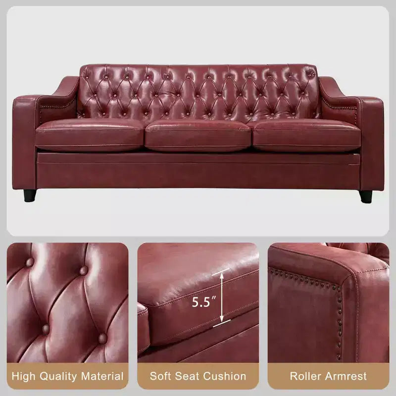 Canapé 3 places Chesterfield en similicuir de 200 cm, Grand canapé du milieu du siècle, Causeuse classique capitonnée, Canapé moderne en PU avec dossier à canaux capitonnés