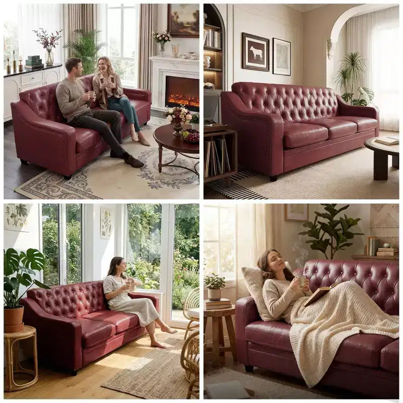 Canapé 3 places Chesterfield en similicuir de 200 cm, Grand canapé du milieu du siècle, Causeuse classique capitonnée, Canapé moderne en PU avec dossier à canaux capitonnés
