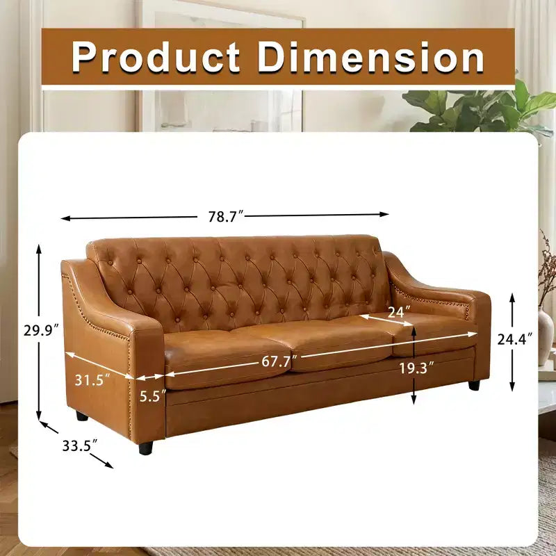 78.7 Chesterfield Faux Leather Sofa 3 Seater Couch,Mid-Century Large Sofa Classic Tufted Settee Modern PU Sofa with Channel Tufted Seat Back