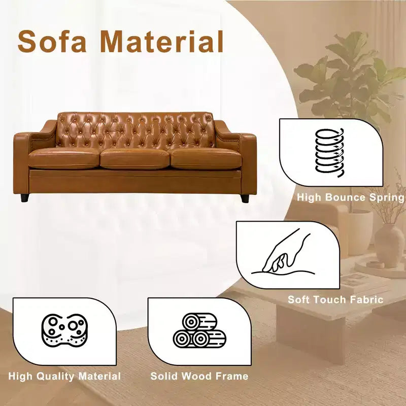 78.7 Chesterfield Faux Leather Sofa 3 Seater Couch,Mid-Century Large Sofa Classic Tufted Settee Modern PU Sofa with Channel Tufted Seat Back