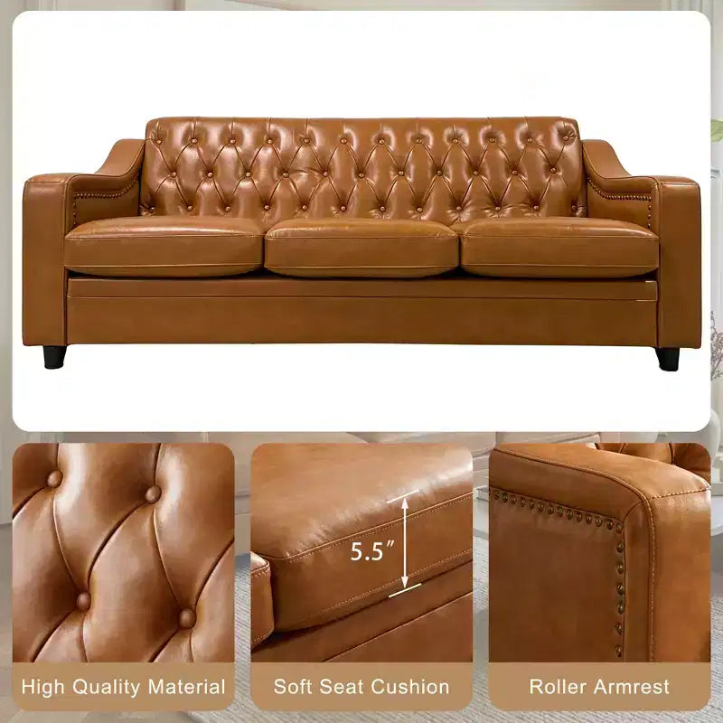 78.7 Chesterfield Faux Leather Sofa 3 Seater Couch,Mid-Century Large Sofa Classic Tufted Settee Modern PU Sofa with Channel Tufted Seat Back