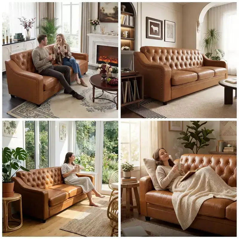 Canapé 3 places Chesterfield en similicuir de 200 cm, Grand canapé du milieu du siècle, Causeuse classique capitonnée, Canapé moderne en PU avec dossier à canaux capitonnés