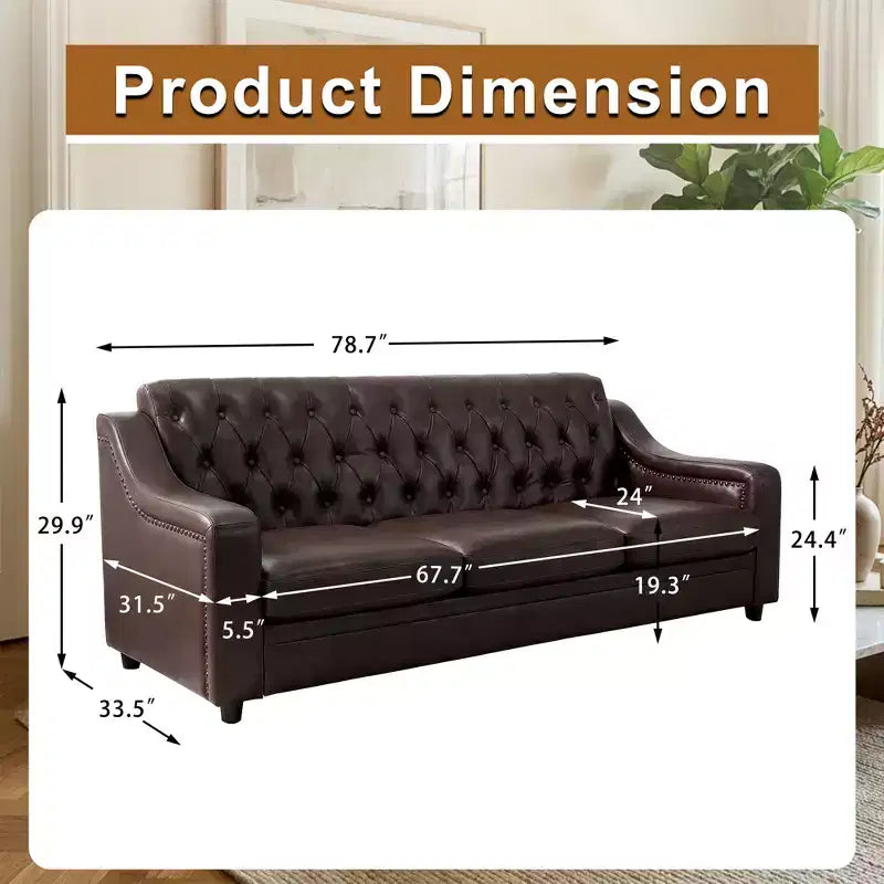 Canapé 3 places Chesterfield en similicuir de 200 cm, Grand canapé du milieu du siècle, Causeuse classique capitonnée, Canapé moderne en PU avec dossier à canaux capitonnés