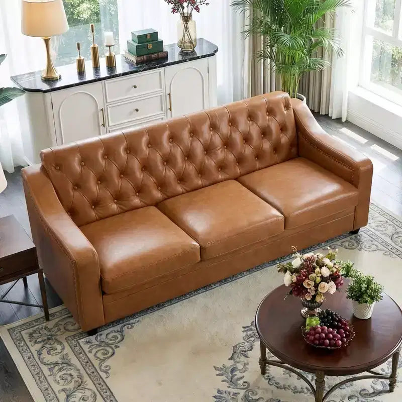 Dyonery 78.7 Chesterfield Faux Leather Sofa 3 Seater Couch,Mid-Century Large Sofa Classic Tufted Settee Modern PU Sofa with Channel Tufted Seat Back