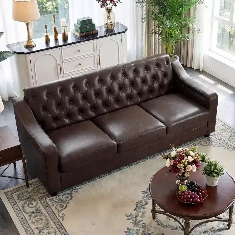 78.7 Chesterfield Faux Leather Sofa 3 Seater Couch,Mid-Century Large Sofa Classic Tufted Settee Modern PU Sofa with Channel Tufted Seat Back