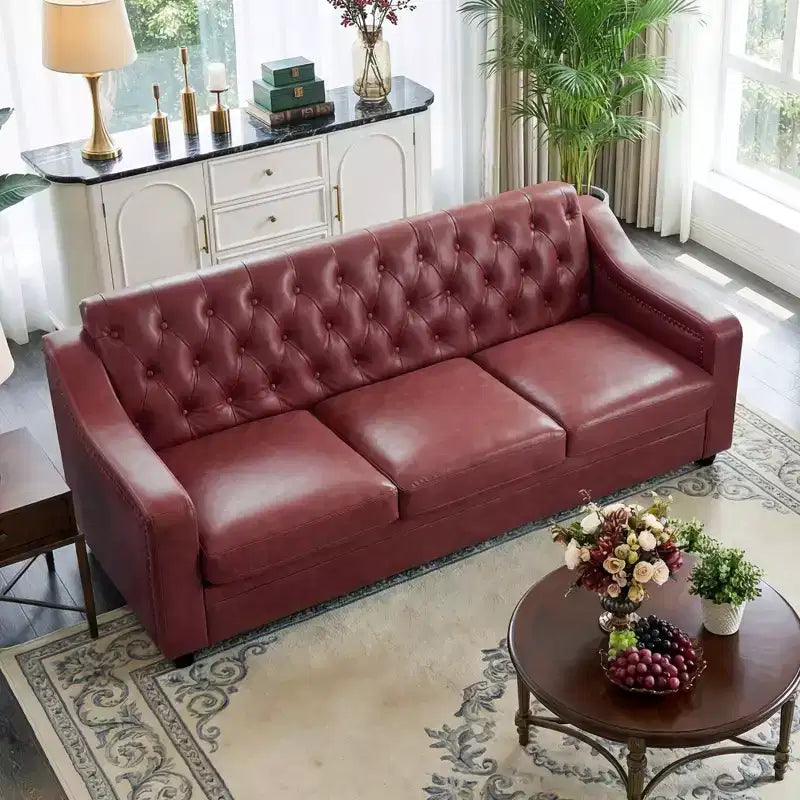 78.7 Chesterfield Faux Leather Sofa 3 Seater Couch,Mid-Century Large Sofa Classic Tufted Settee Modern PU Sofa with Channel Tufted Seat Back