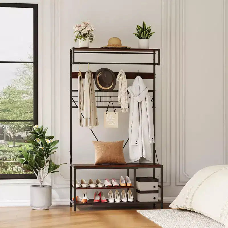 Freestanding Metal Garment Rack - Heavy Duty Clothes Rack and Wardrobe Organizer for Bedroom, Entryway and Closet
