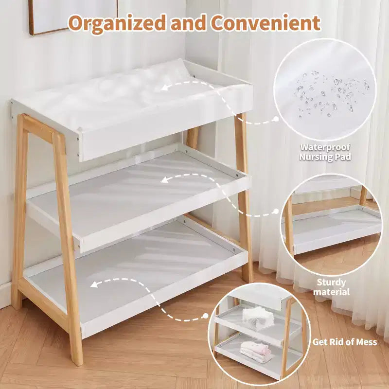Baby Changing Station Diaper Table with Waterproof Pad Modern Portable Infant Diaper Station 2 Storage Shelves for Newborn Baby