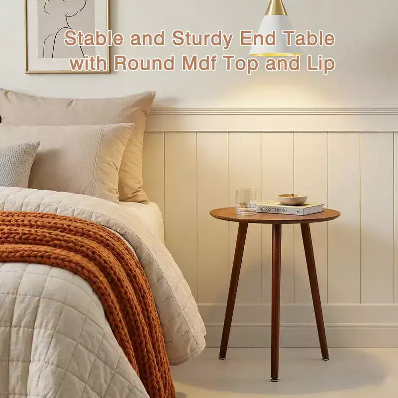 Table d'appoint ronde Mid-Century Modern, table de bout effet grain de bois avec pieds fuselés pour salon, marron